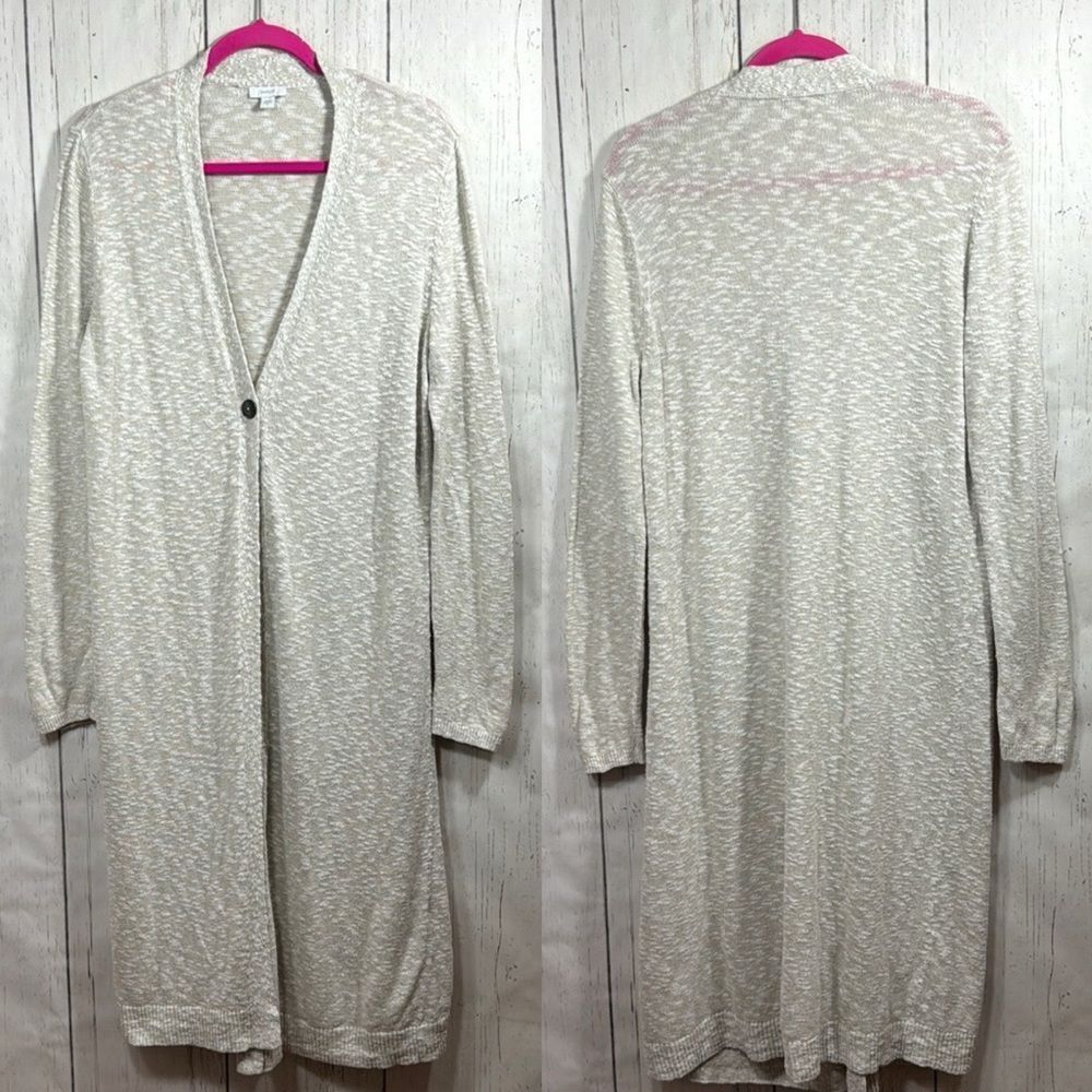 Pure Jill Long Open Front Cardigan Sweater Beige Heather Size M Minimalist Cozy